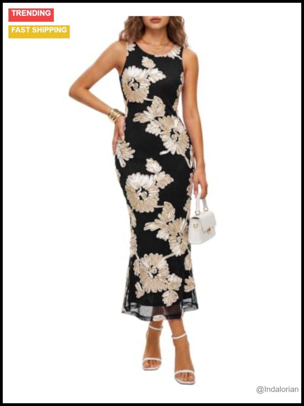 Women's Sleeveless 3D Floral Bodycon Slit Midi Cocktail Dress
